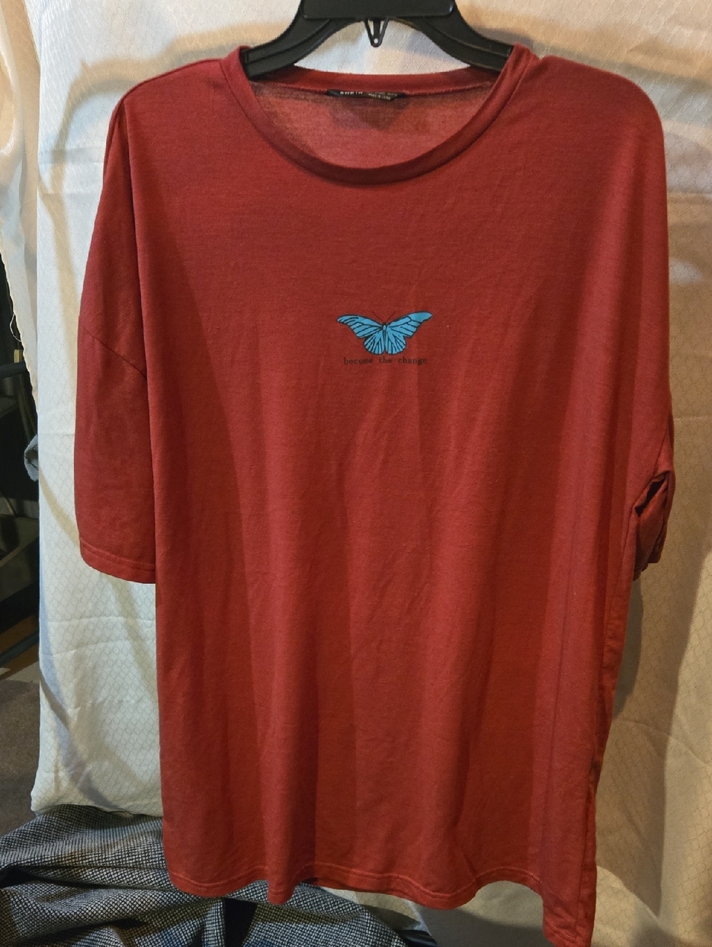 SHEIN Red Short Sleeve Tee with Blue Butterfly Chest Graphic
